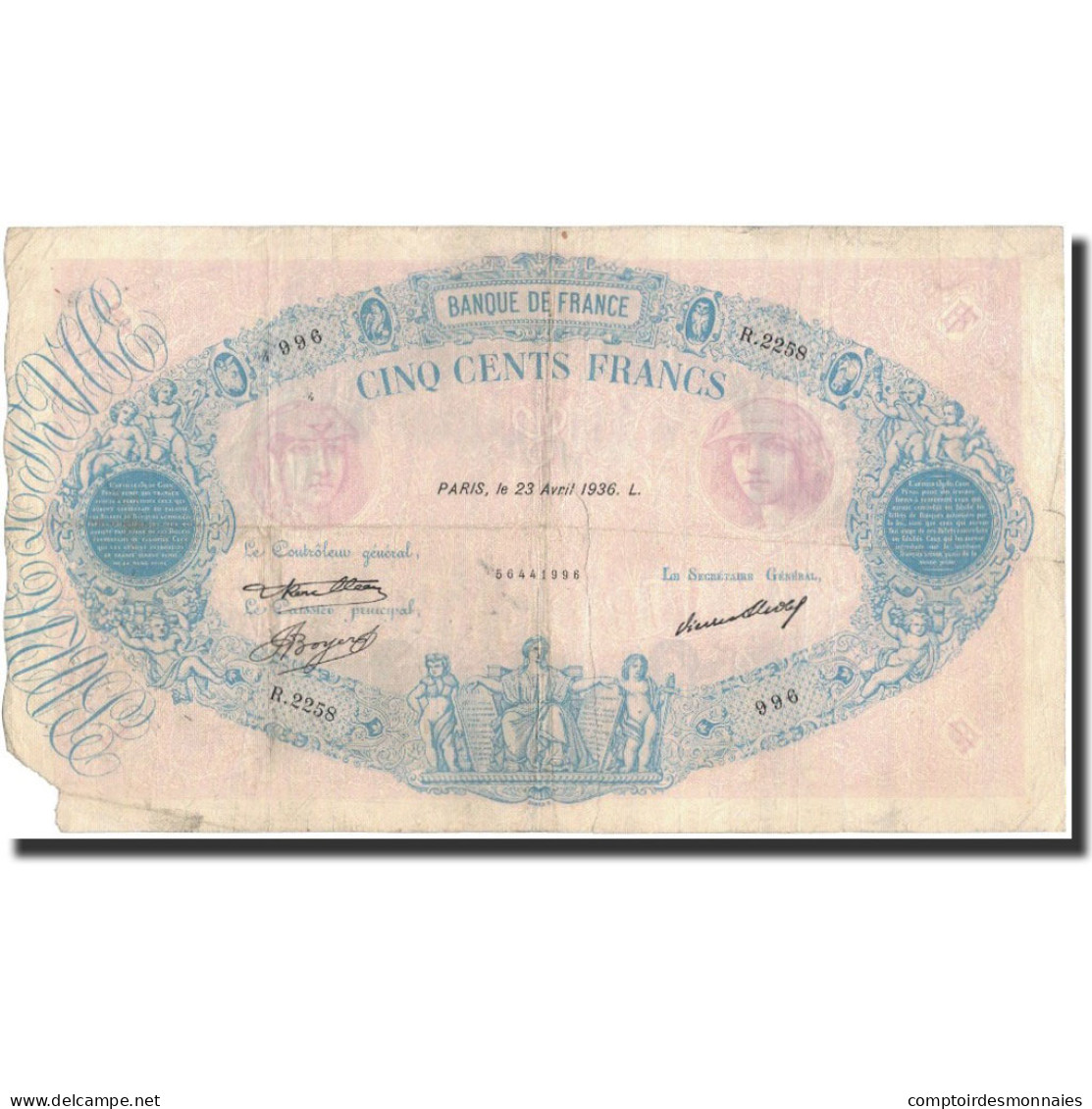 France, 500 Francs, 1936-04-23, TB, Fayette:30.37, KM:66m - 500 F 1888-1940 ''Bleu Et Rose''