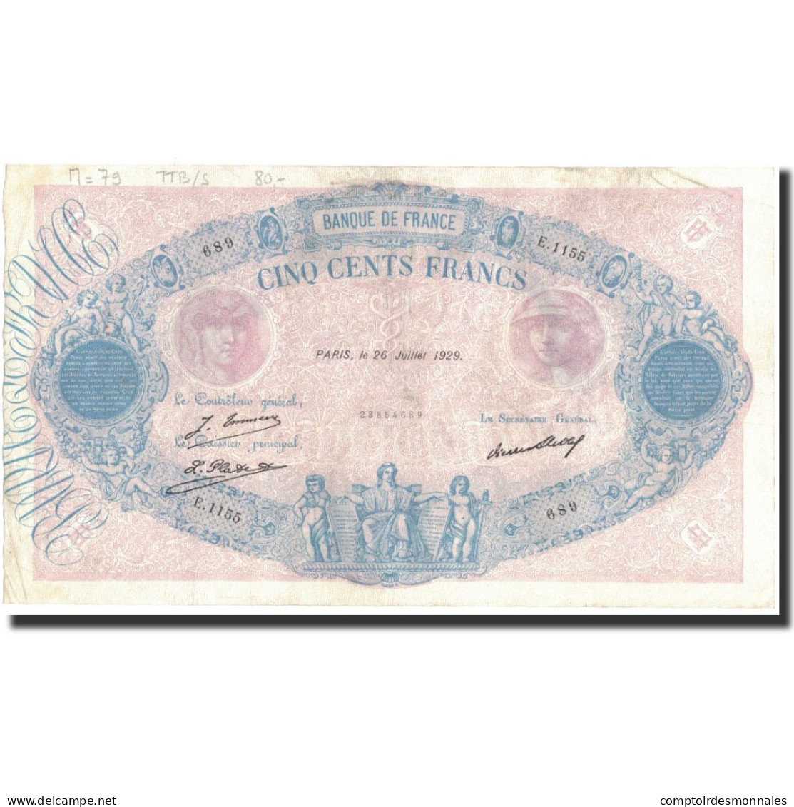 France, 500 Francs, 1929-07-26, TTB, Fayette:30.32, KM:66k - 500 F 1888-1940 ''Bleu Et Rose''