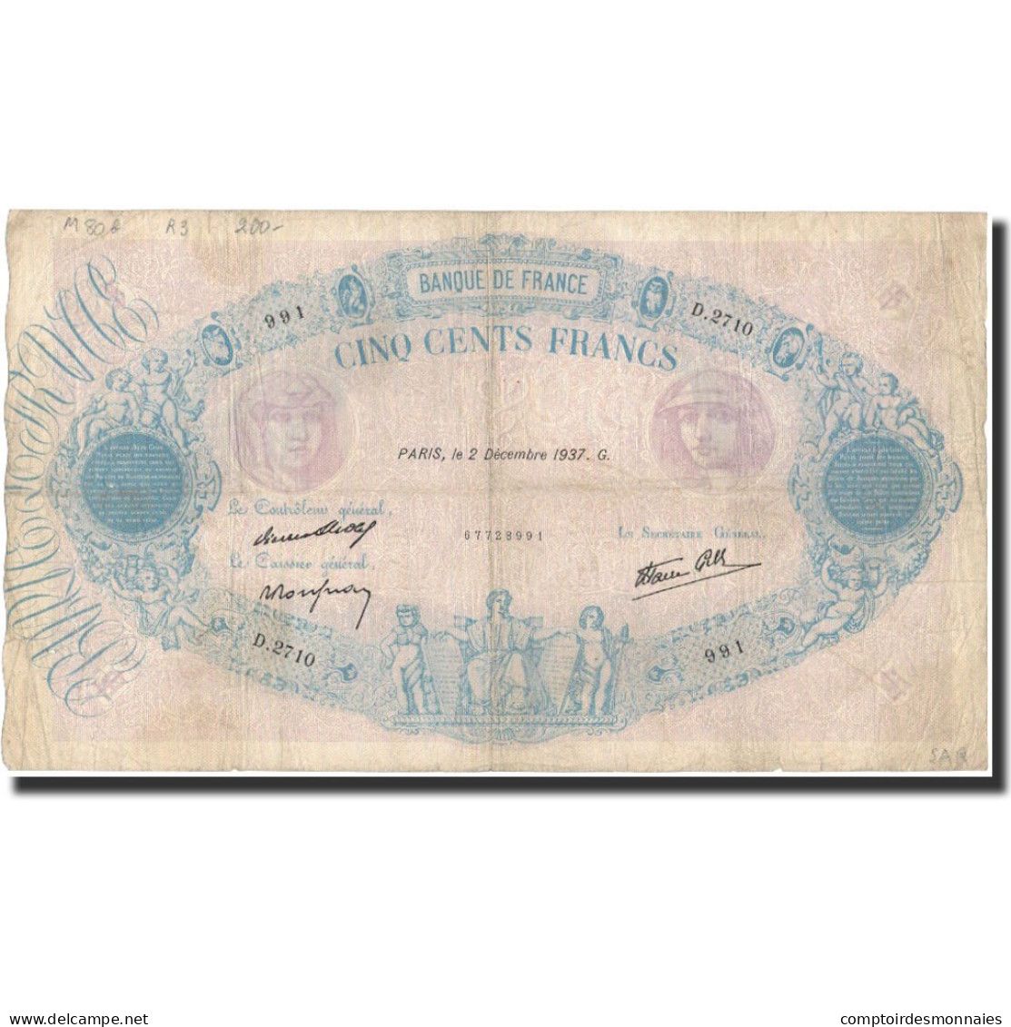 France, 500 Francs, 1937-12-02, TB, Fayette:31.4, KM:88b - 500 F 1888-1940 ''Bleu Et Rose''