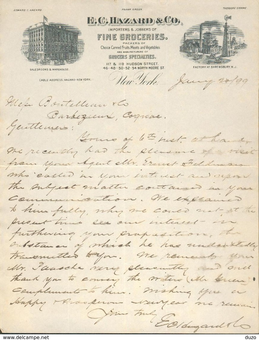 Etats Unis. New York - Entête Du 20 Janvier 1899. - E.C. Hazard & Co. Fine Groceries - 117 & 119 Hudson Street - Estados Unidos