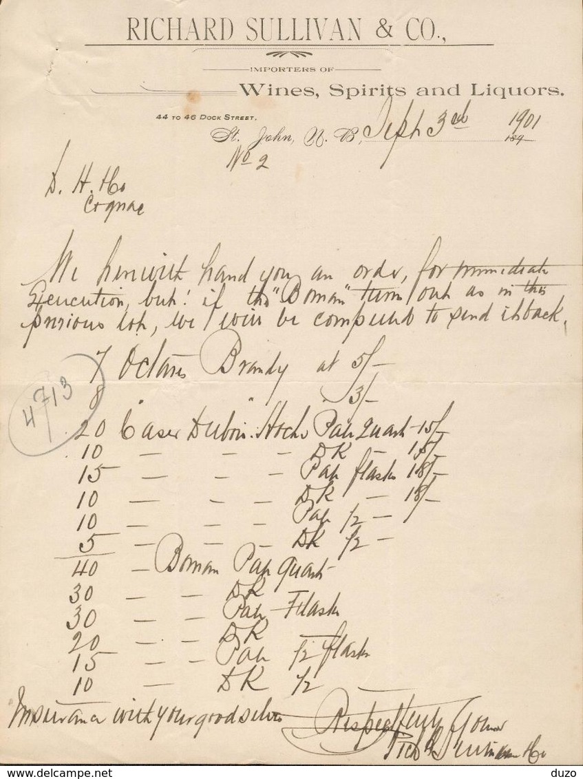 Canada - Saint John - Entête Du 3 Septembre 1901 - Richard Sullivan & Co. - Wines Spirits And Liquors.Voir (3 Scans). - Canada