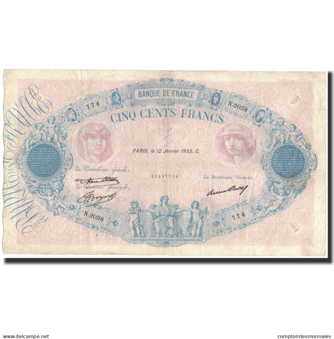 France, 500 Francs, 1933-01-12, TB+, Fayette:30.36, KM:66m - 500 F 1888-1940 ''Bleu Et Rose''