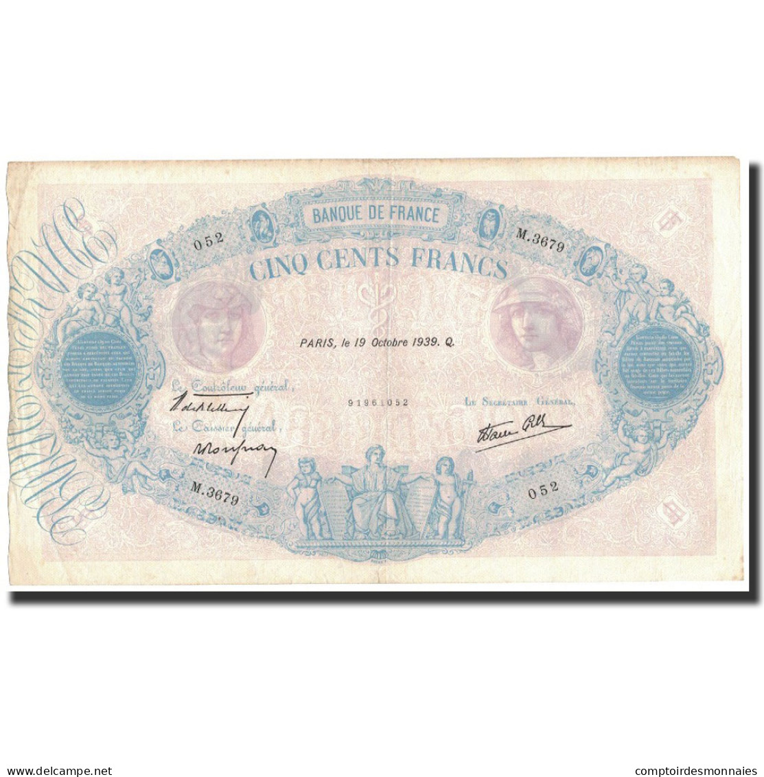 France, 500 Francs, 1939-10-19, TTB, Fayette:31.44, KM:88c - 500 F 1888-1940 ''Bleu Et Rose''