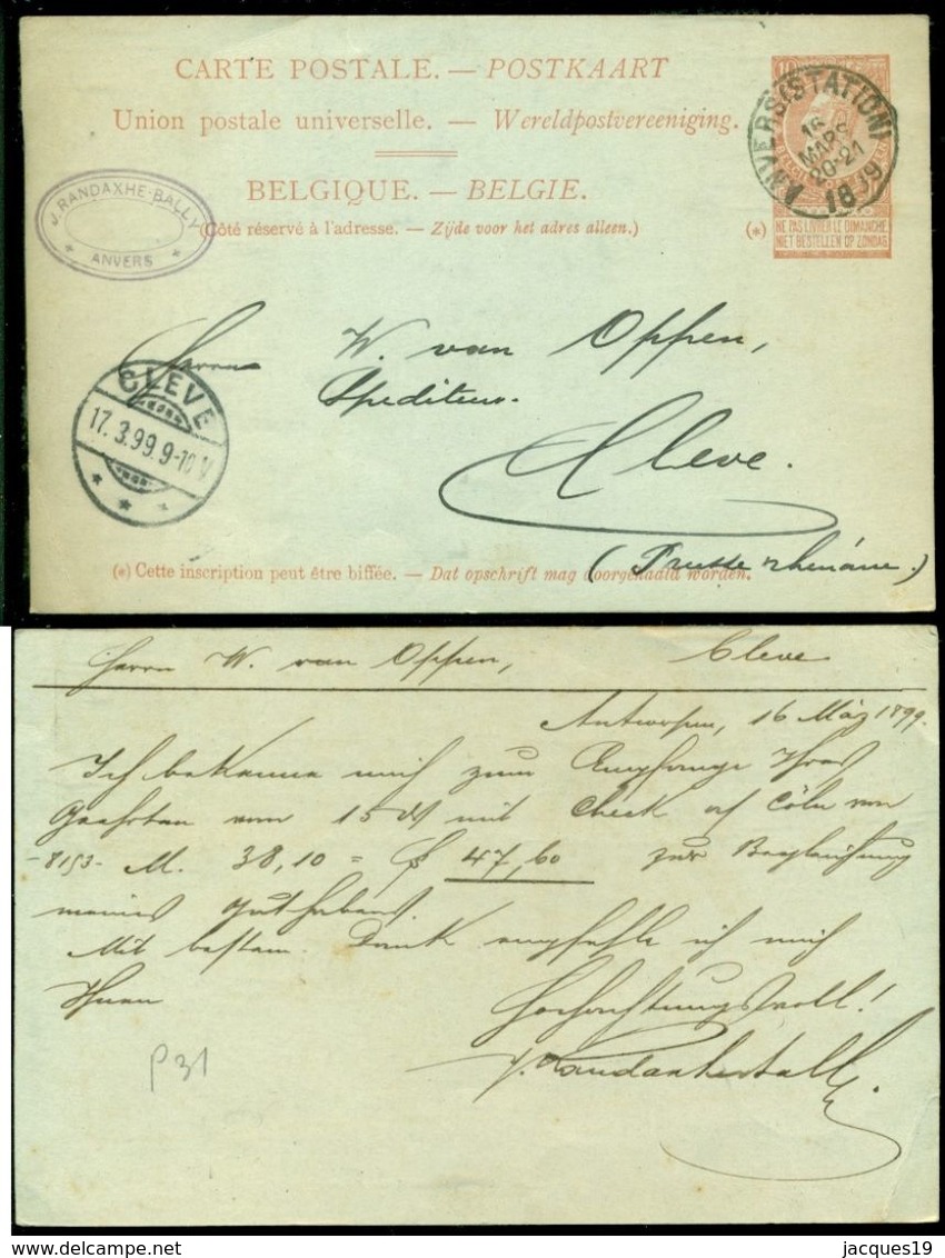 België 1899 Postkaart Naar Cleve - Tarjetas 1871-1909