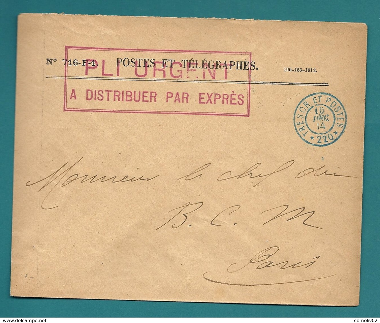 TRÉSOR Et POSTES *220* (payeur Général De PARIS) - Lettre Du 10.12.1914 // Par Exprès - 1. Weltkrieg 1914-1918