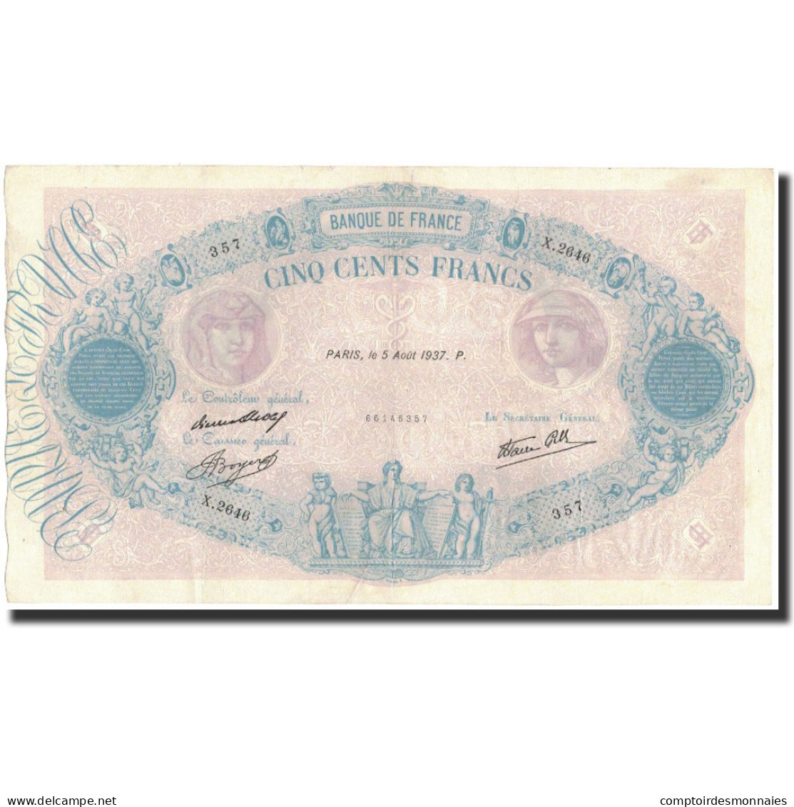 France, 500 Francs, 1937-08-05, TTB+, Fayette:31.1, KM:88a - 500 F 1888-1940 ''Bleu Et Rose''