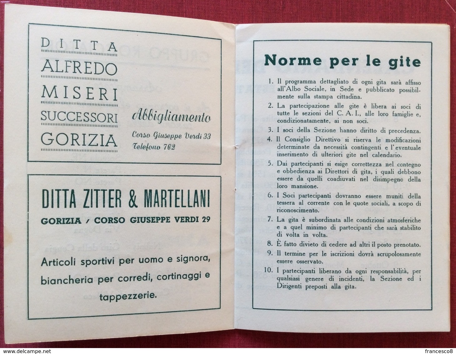 1949 CLUB ALPINO ITALIANO SEZIONE GORIZIA PROGRAMMA ESTIVO GITE SOCIALI / Timau Pontebba Sella Nevea Dogna Lussari - Programmi