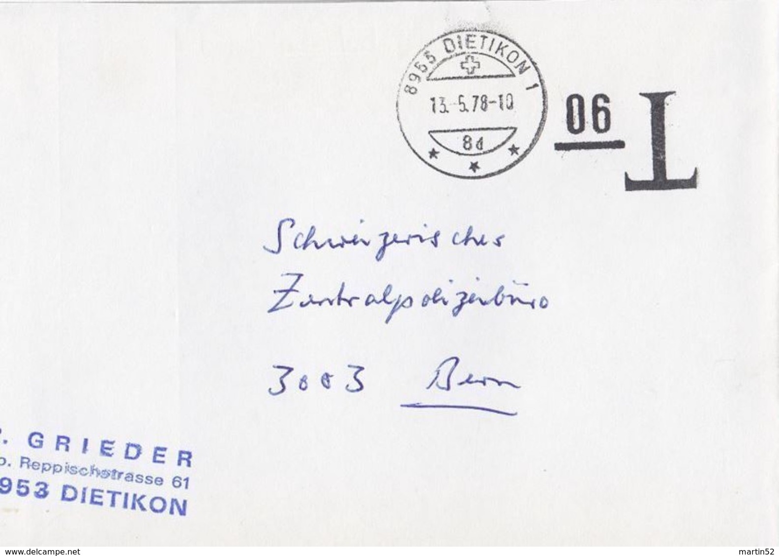 Schweiz Suisse 1978: Unfrankierter Brief Mit T-Stempel (90) Und O DIETIKON 13.5.78 - Taxe