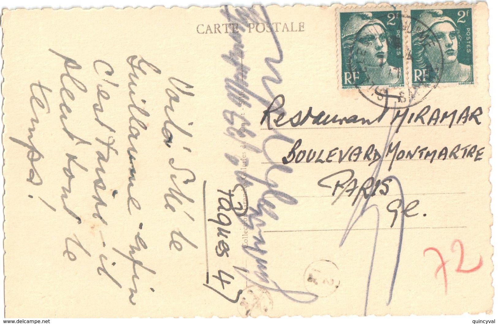 4381 SILLE LE GUILLAUME Sarthe Carte Postale Dest PARIS En Rebut Marque De Facteur Ob 7 4 1947 2F Gandon Vert Yv 713 - Covers & Documents