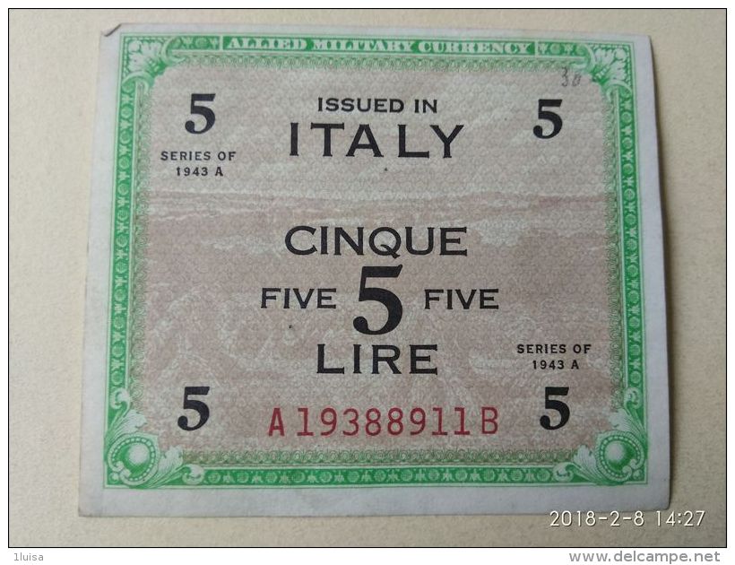 5 Lire 1943 Bilingue - Occupation Alliés Seconde Guerre Mondiale