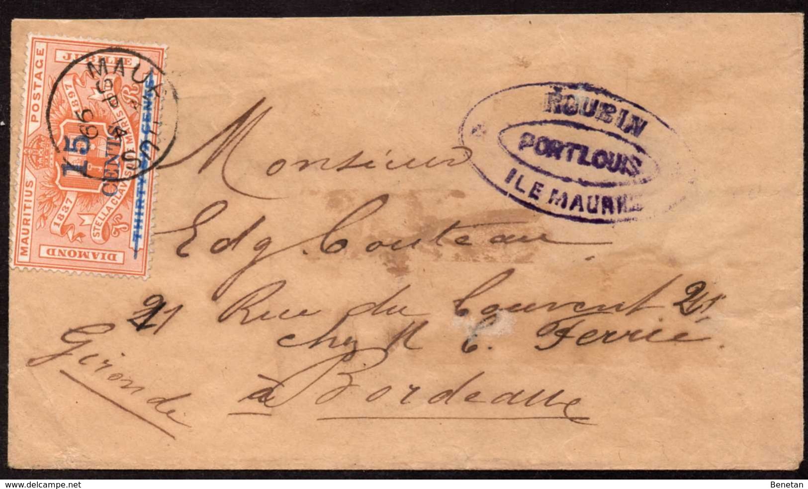 British Mauritius To France Paquebot Cover 1899 - Maurice (...-1967)