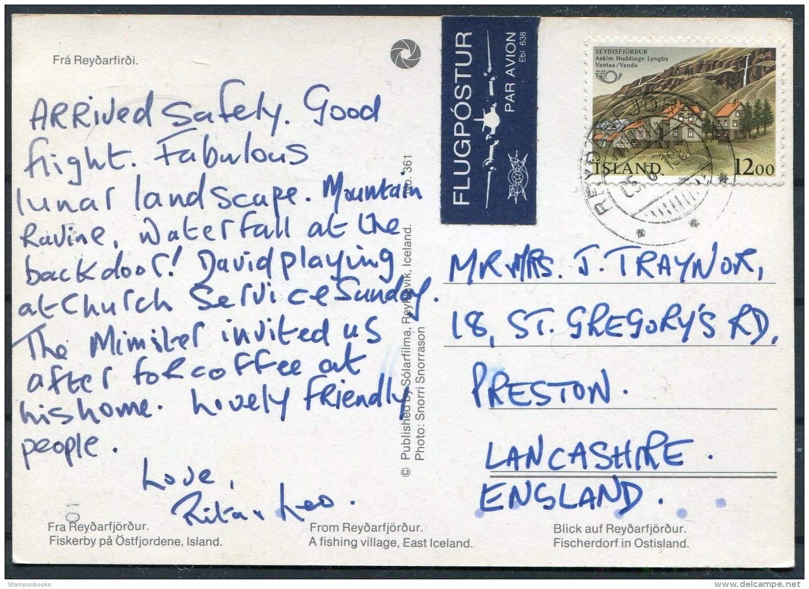 1987 Iceland Reydarfjordur Postcard Airmail - Preston, Lancashire - Lettres & Documents