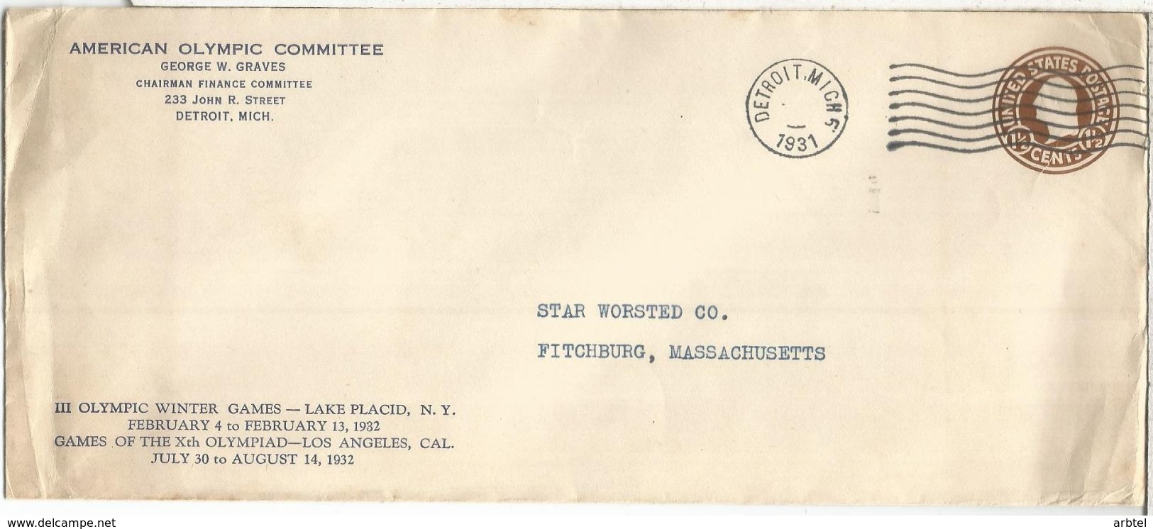 USA ENTERO POSTAL 1931 COMITE OLIMPICO AMERICAN OLYMPIC COMITTEE LAKE PLACID AND LOS ANGELES WINTER AND SUMMER GAMES - Sommer 1932: Los Angeles