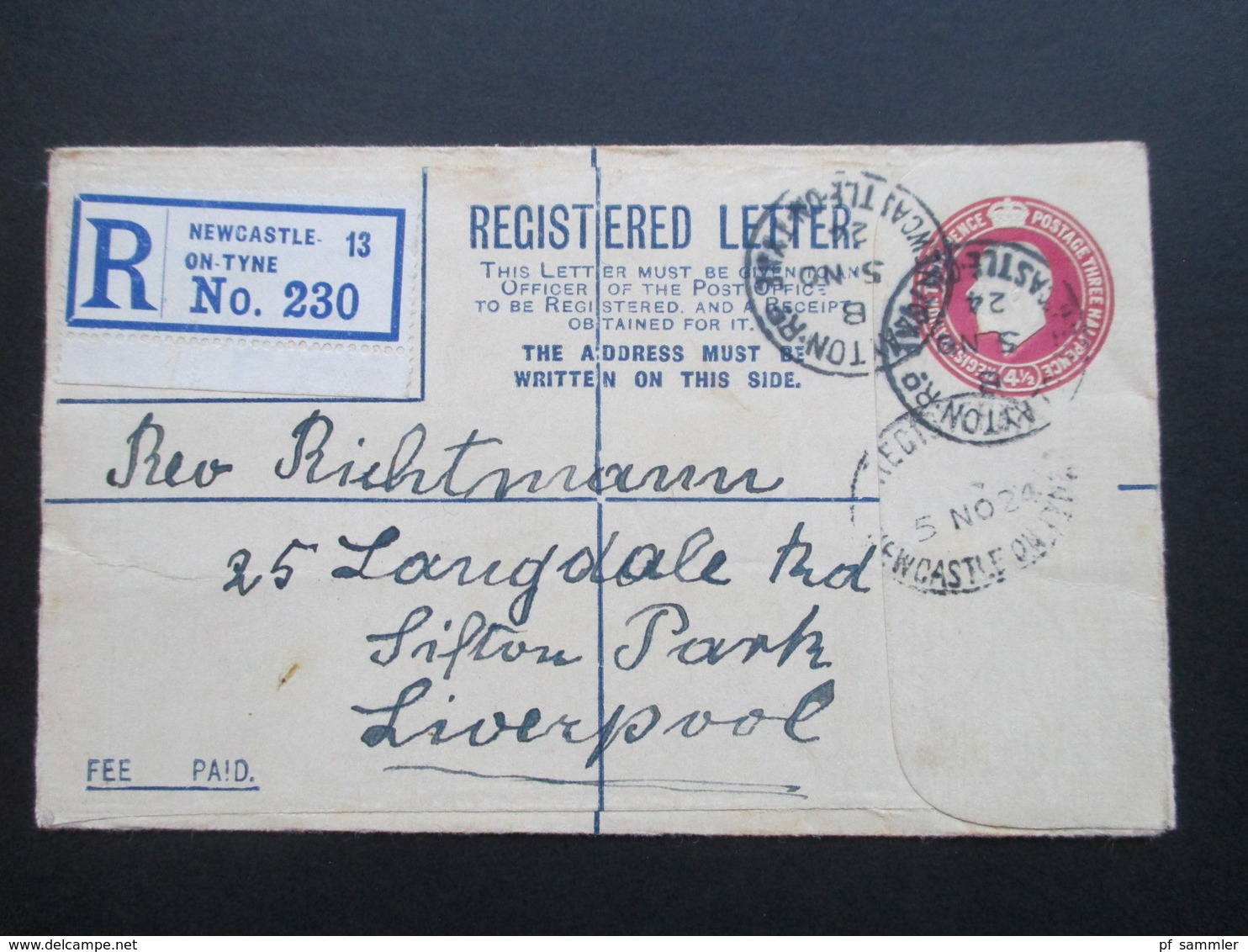 GB 1924 Registered Letter R No. 230 Newcastle On Tyne 13. An Rev. Richtmann In Liverpool. - Lettres & Documents