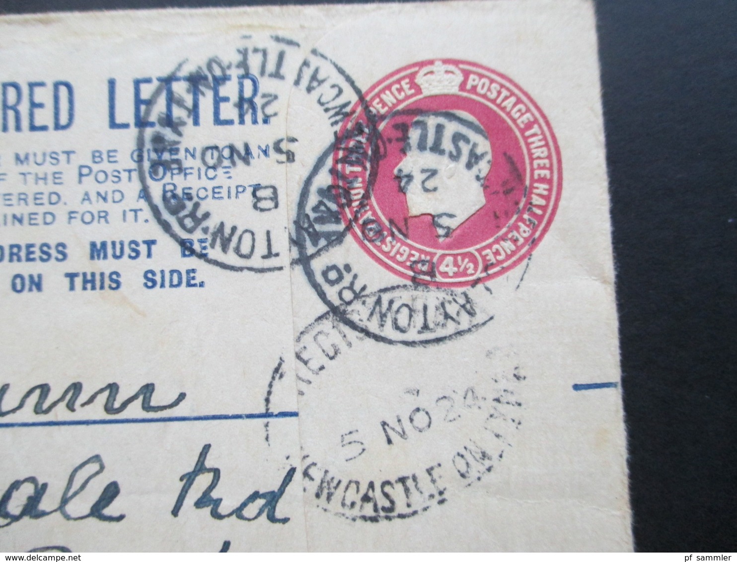 GB 1924 Registered Letter R No. 230 Newcastle On Tyne 13. An Rev. Richtmann In Liverpool. - Lettres & Documents