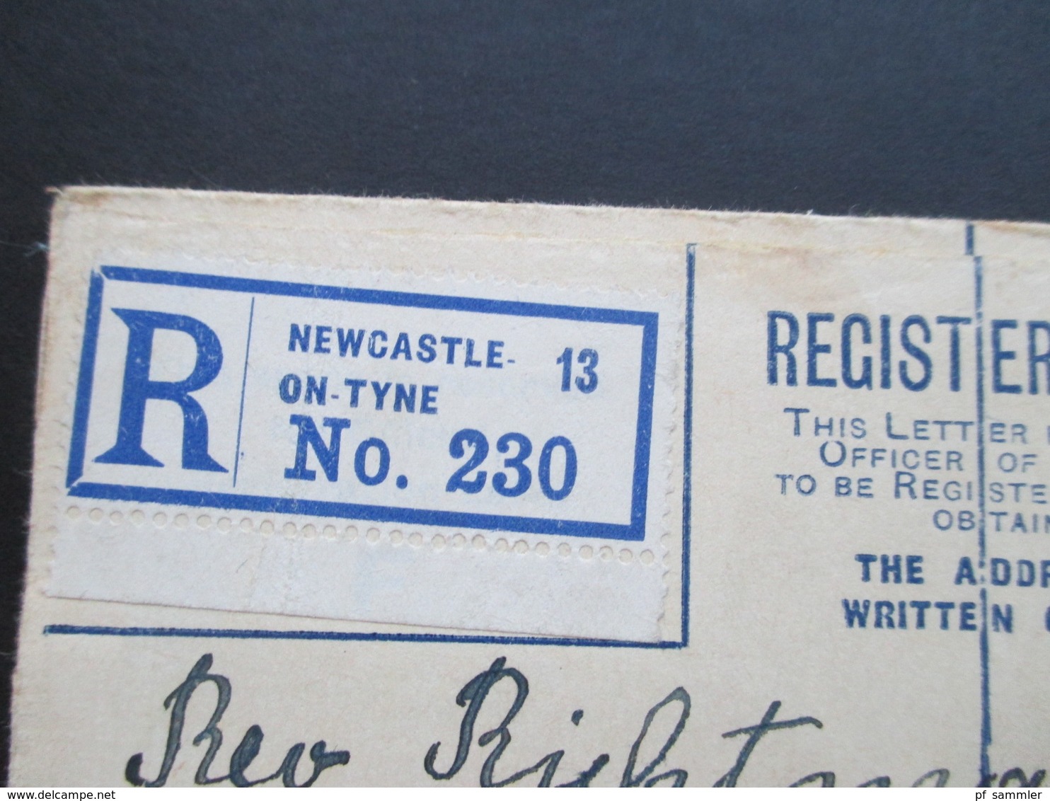 GB 1924 Registered Letter R No. 230 Newcastle On Tyne 13. An Rev. Richtmann In Liverpool. - Briefe U. Dokumente