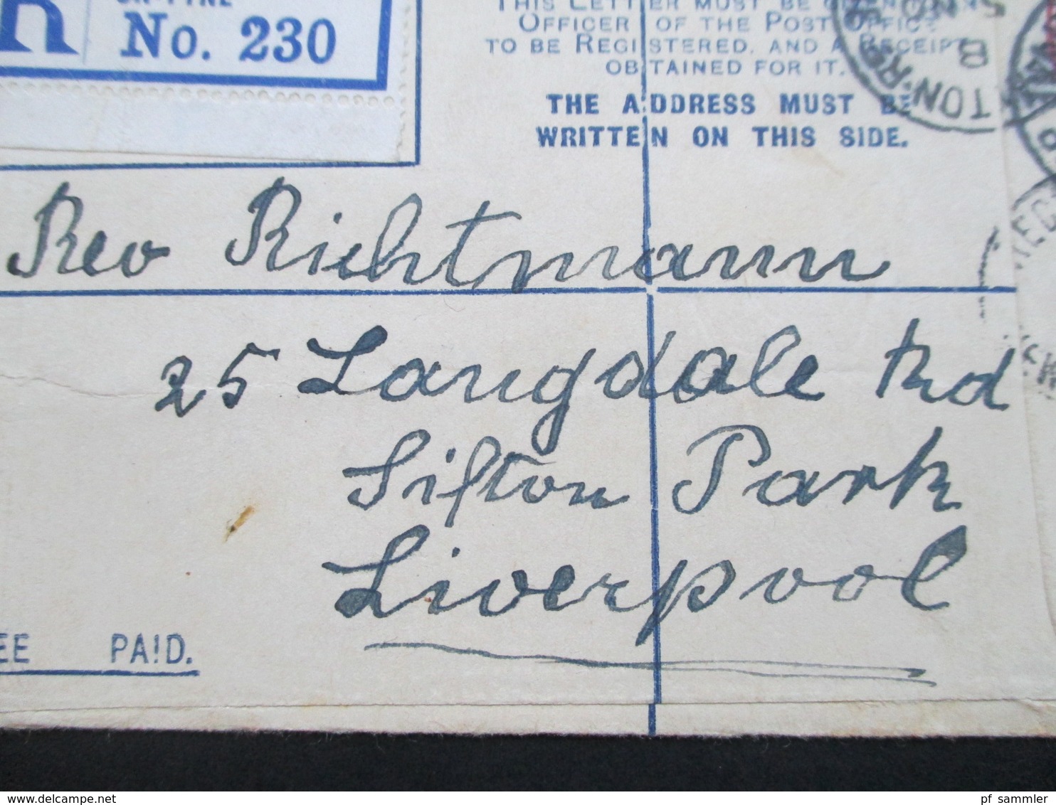 GB 1924 Registered Letter R No. 230 Newcastle On Tyne 13. An Rev. Richtmann In Liverpool. - Brieven En Documenten