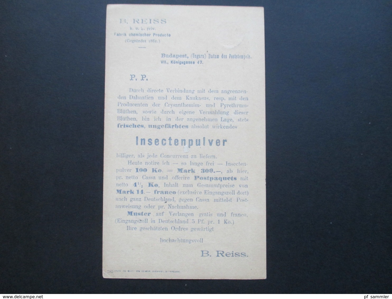 Ungarn 1889 Ganzsache Firmenwerbung! B. Reiss KuK Priv. Fabrik Chemischer Producte. Ungefärbtes Insectenpulver - Covers & Documents