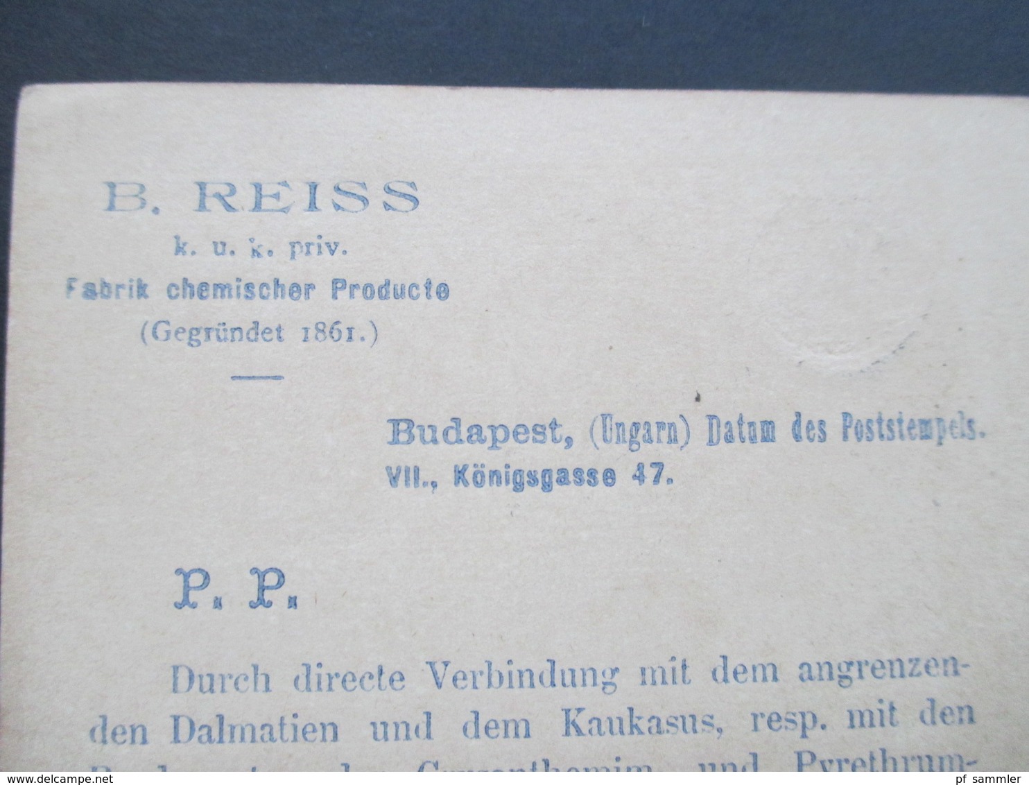 Ungarn 1889 Ganzsache Firmenwerbung! B. Reiss KuK Priv. Fabrik Chemischer Producte. Ungefärbtes Insectenpulver - Brieven En Documenten