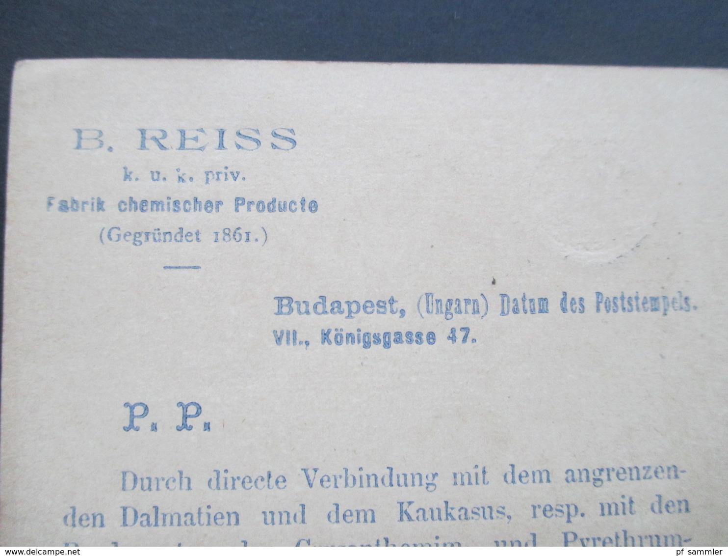 Ungarn 1889 Ganzsache Firmenwerbung! B. Reiss KuK Priv. Fabrik Chemischer Producte. Ungefärbtes Insectenpulver - Lettres & Documents