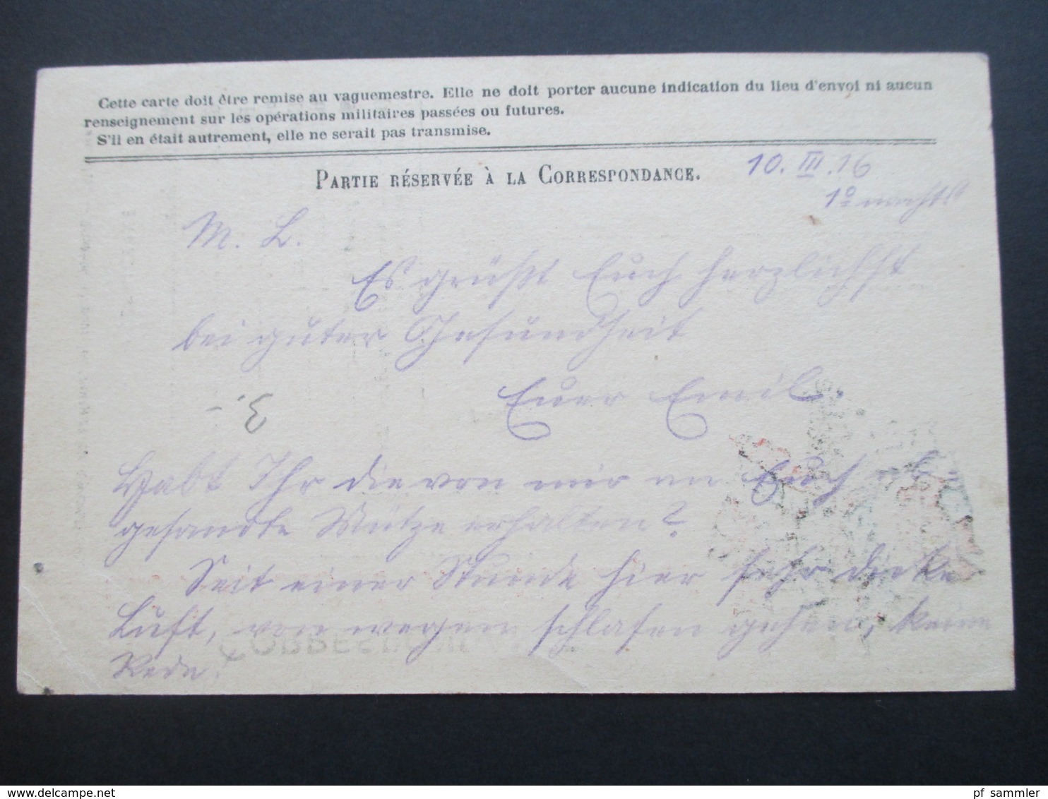 Frankreich 1916 1. WK Correspondance Des Armees De La Republique. Feldpostkarte - Lettres & Documents