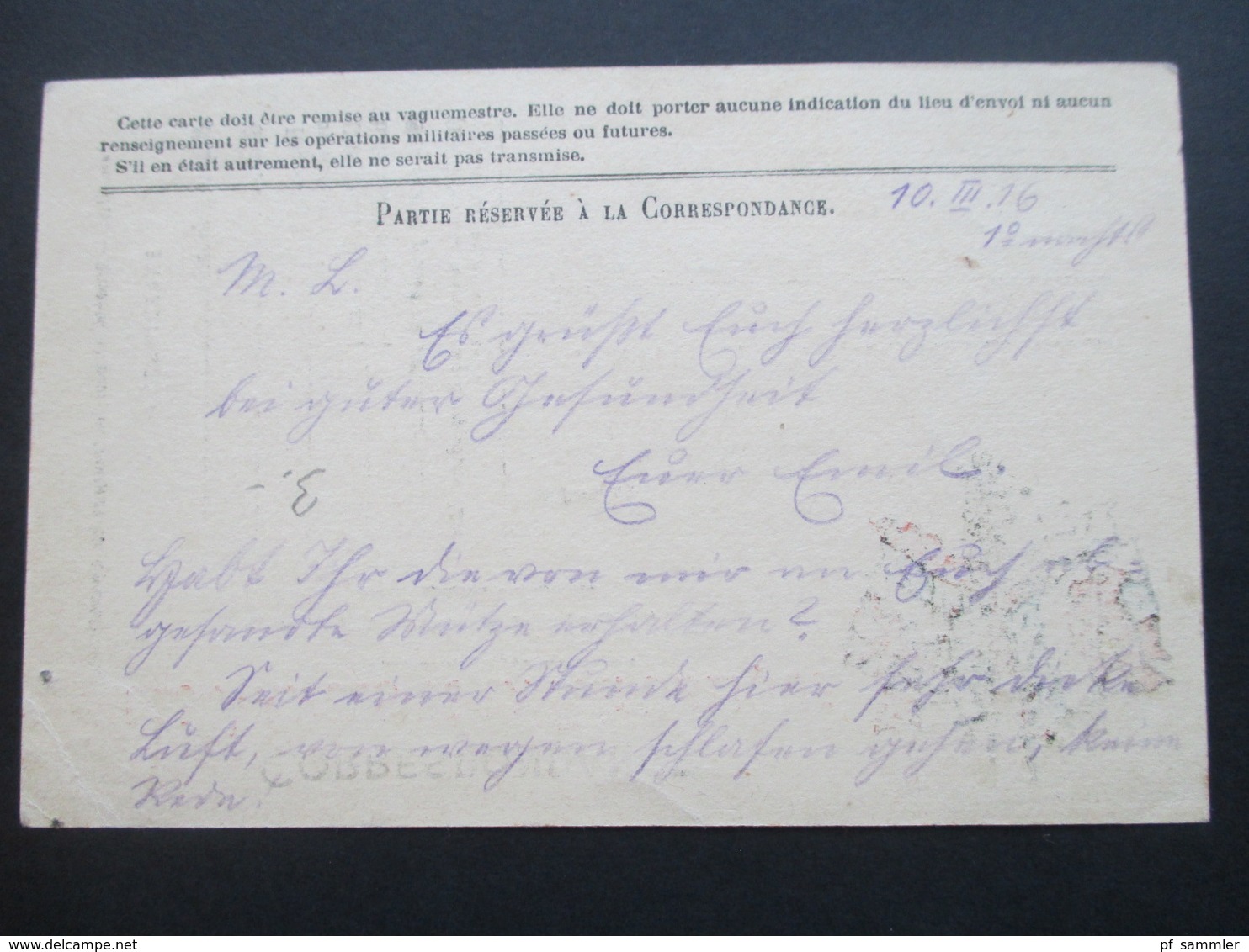 Frankreich 1916 1. WK Correspondance Des Armees De La Republique. Feldpostkarte - Covers & Documents