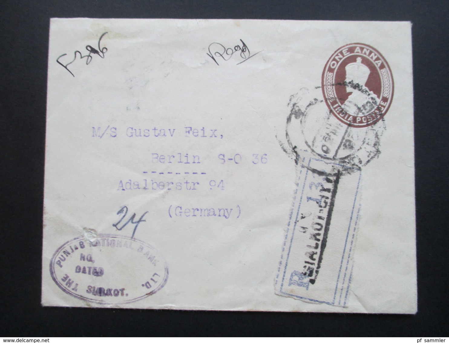 GB Kolonie Indien 1930 R-Brief / Registered Letter. Punjab National Bank LTD. Sialkot. Ganzsachenumschlag Mit 2 Zusatzfr - 1911-35  George V