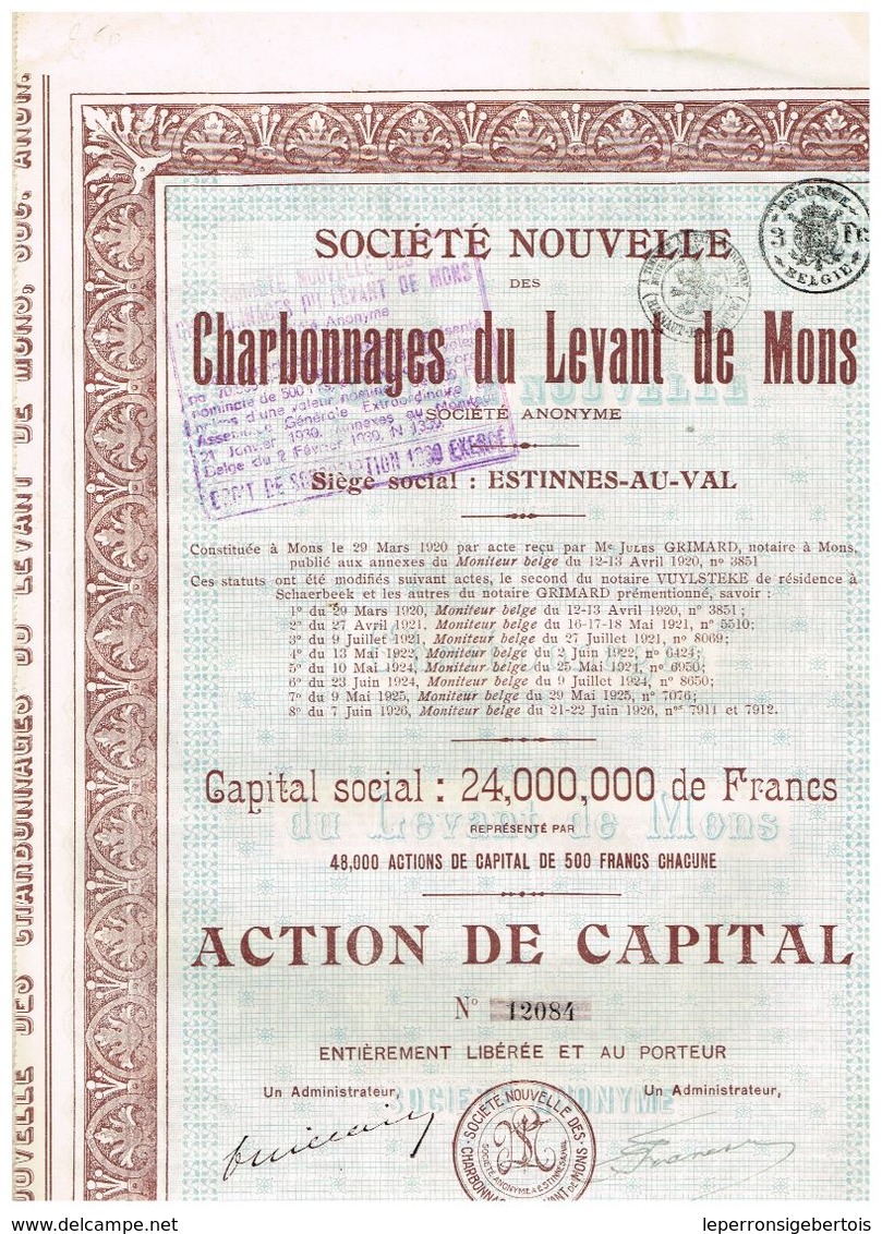 Action Ancienne - Société Nouvelle Des Charbonnages Du Levant De Mons - Titre De 1926 - Bergbau