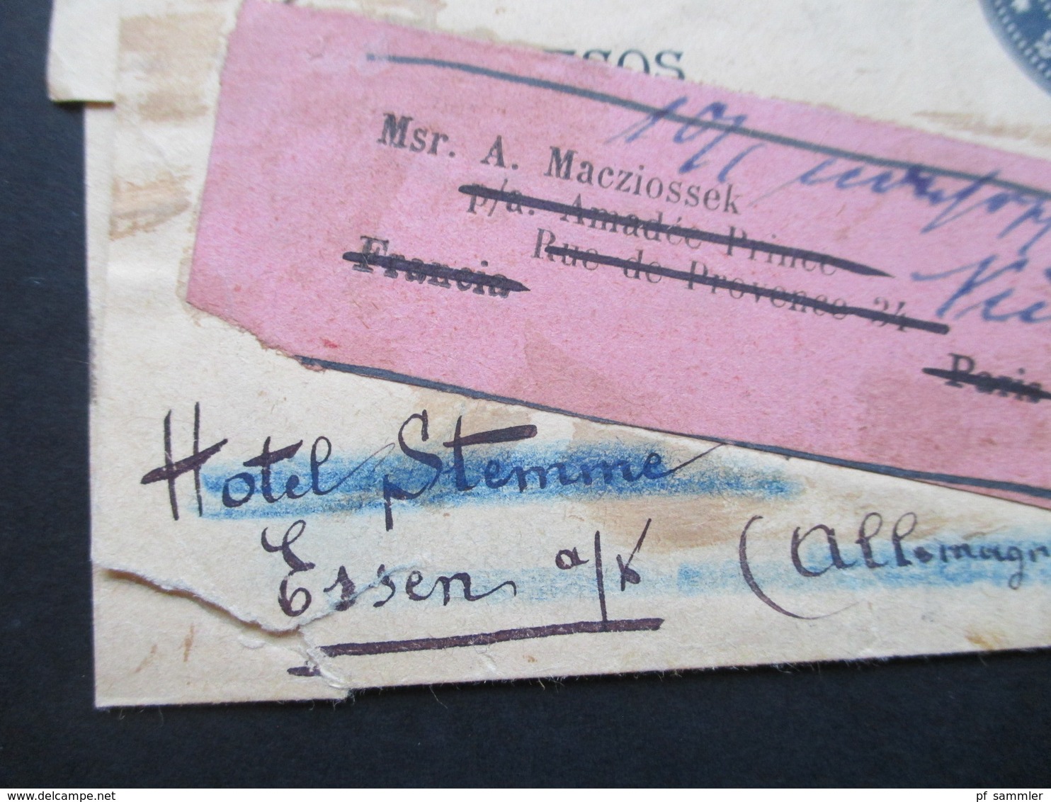 Argentinien 1902 Streifband Nach Paris über Hamburg Postlagernd über Essen Hotel Stemme Nach Nürnberg! Rühmann - Storia Postale