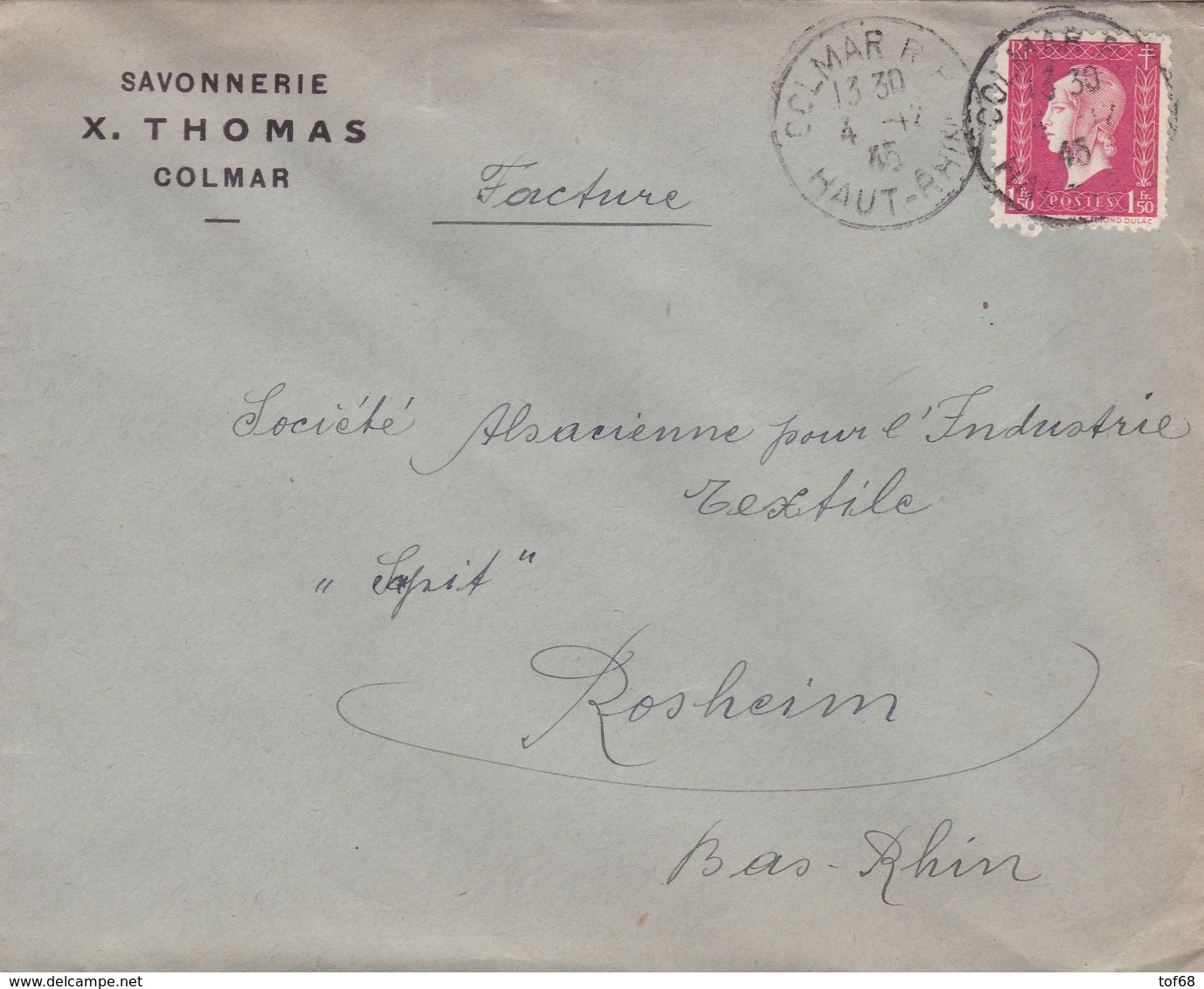 Colmar Lettre à Entête 1945 Savonnerie X Thomas - Lettres & Documents