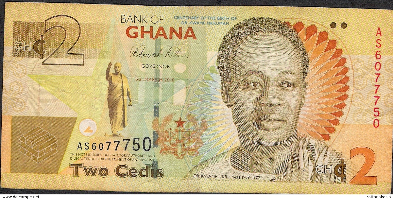 GHANA P37Aa 2 CEDIS 6.3.2010 #AS  Signature 12     VF  NO P.h. - Ghana