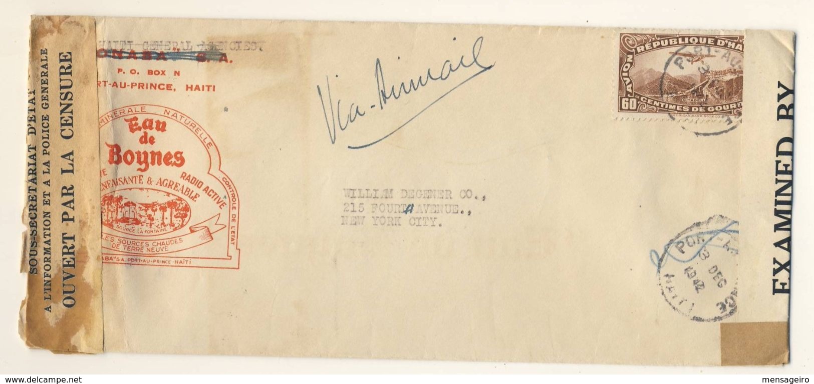 (C11) - HAITI - DOUBLE CENSORED ILLUSTRATED AIR MAIL COVER P AU P => USA 1942 - EAU DE BOYNES - RADIOACTIVITE - Haiti