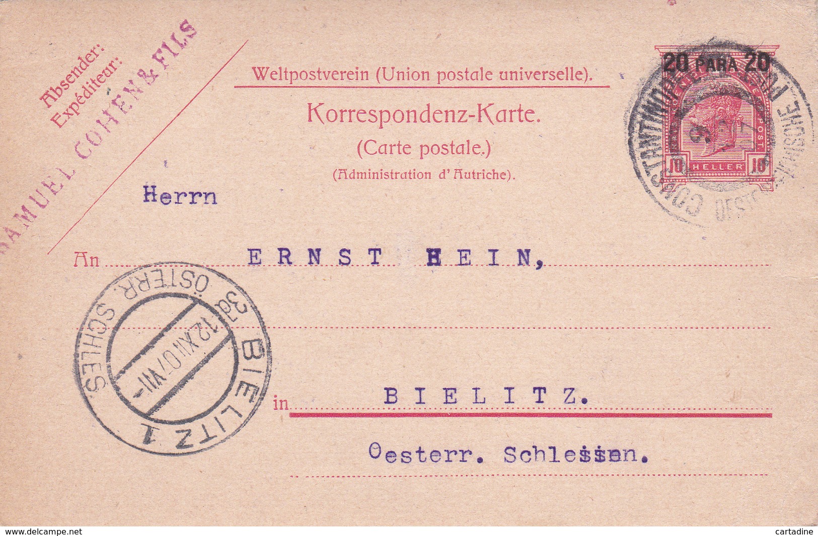 Levant Autrichien - Österreich / Entier Postal  - 20 Para 20 - Constantinople - 1907 - Levant Autrichien