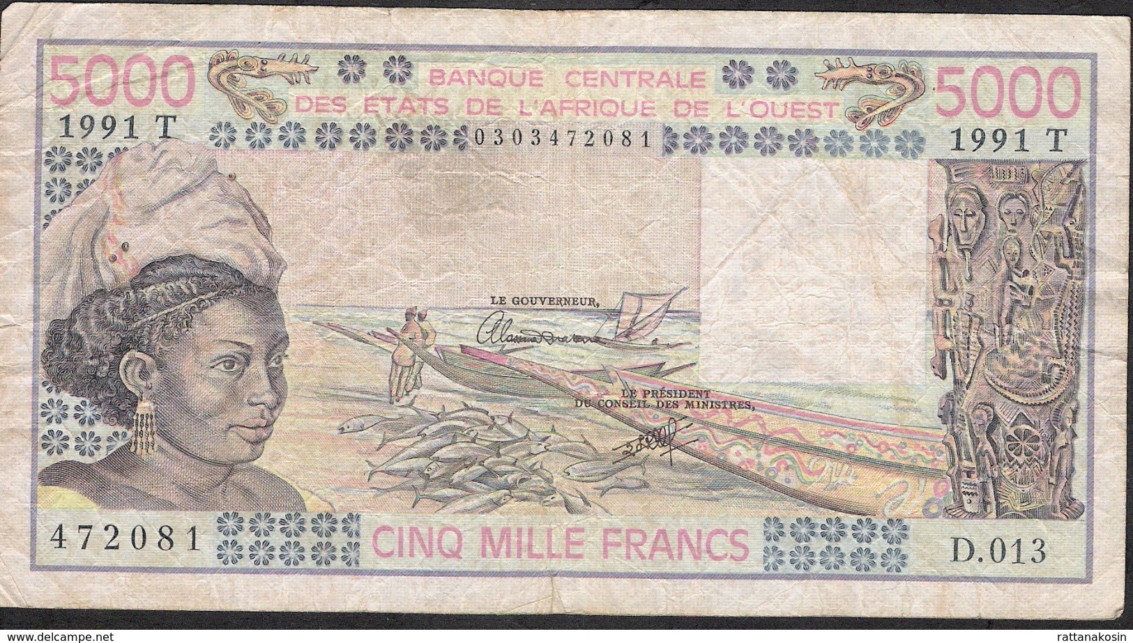 W.A.S. TOGO  P808Tk 5000 FRANCS 1991 Signature 22  VF Small Tear - Togo