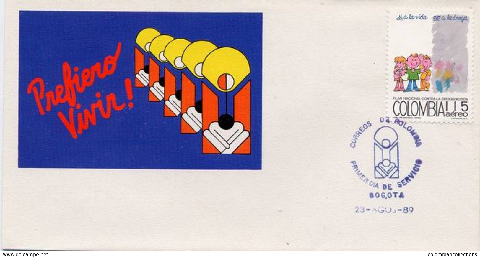 Lote 1795F, Colombia, 1989, SPD - FDC, Si A La Vida, No A La Droga, National Plan Against Drug Addiction - Colombia