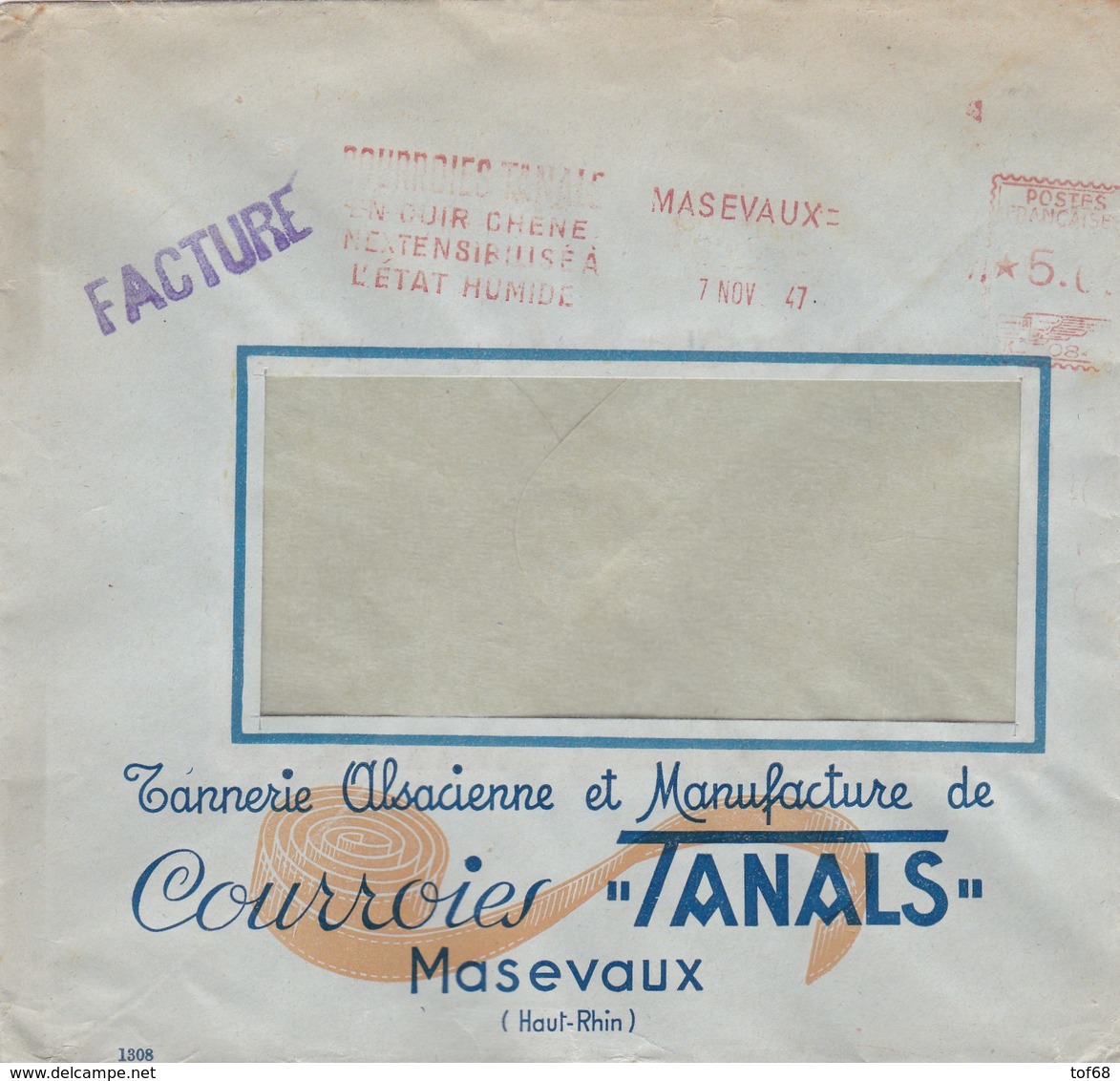 Masevaux Lettre à Entête 1947 Tanals Tannerie Et Manufacture De Courroies - Lettres & Documents