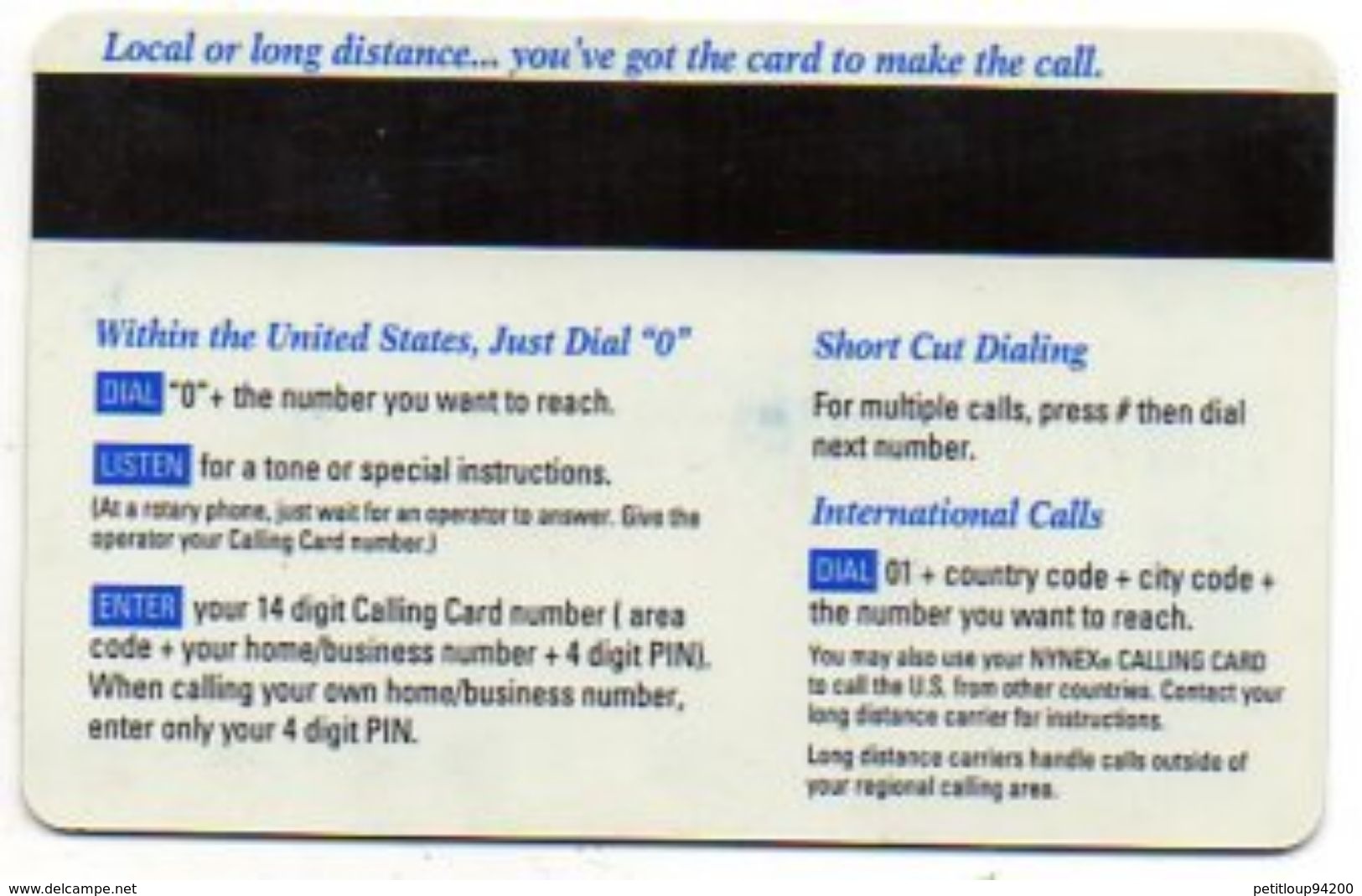 CARTE PREPAYEE ETATS-UNIS  NYNEX  Crédit Calling Card - Nynex