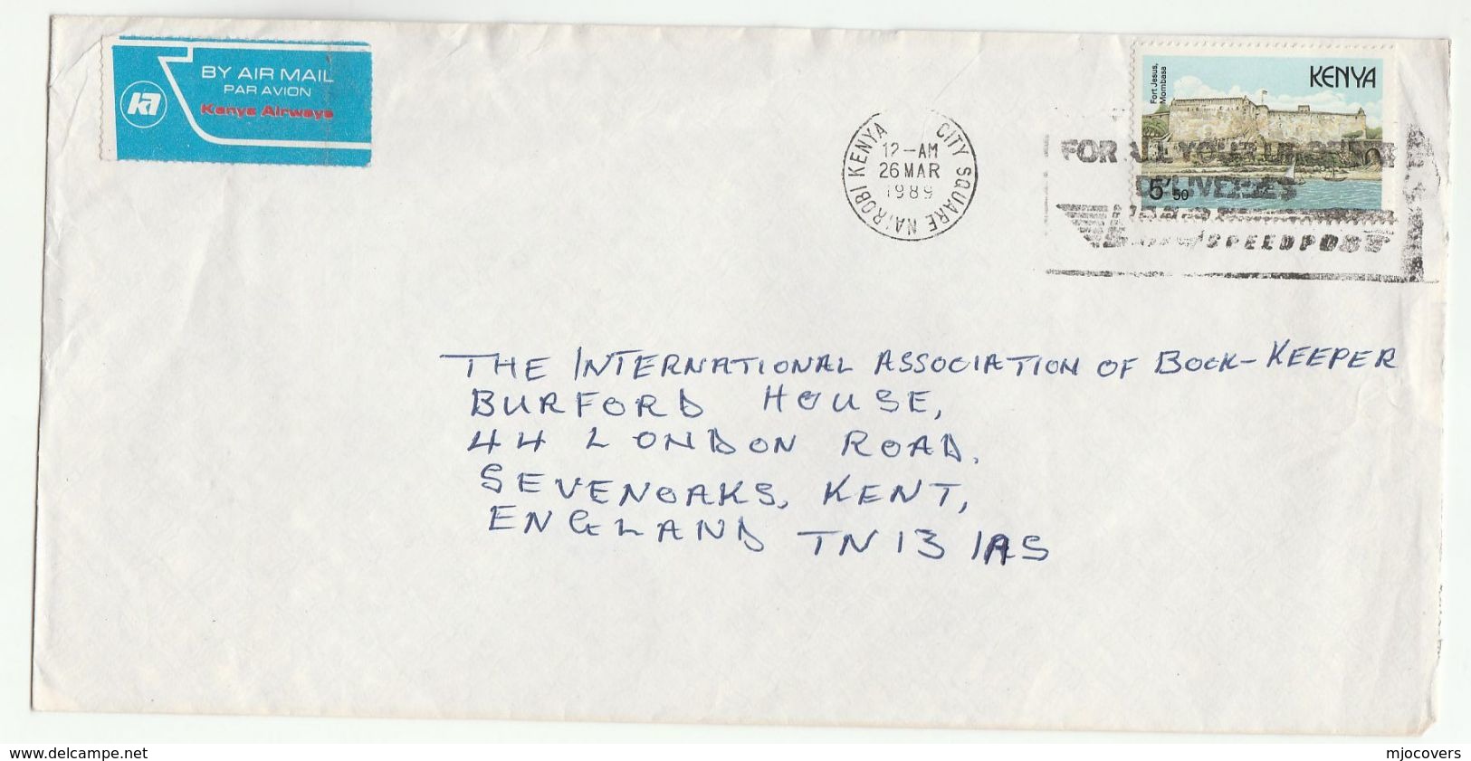 1989 Air Mail KENYA COVER Stamps 5/- FORT JESUS Stamps KENYA AIRWAYS AIRMAIL LABEL To GB Flight Aviation - Kenya (1963-...)