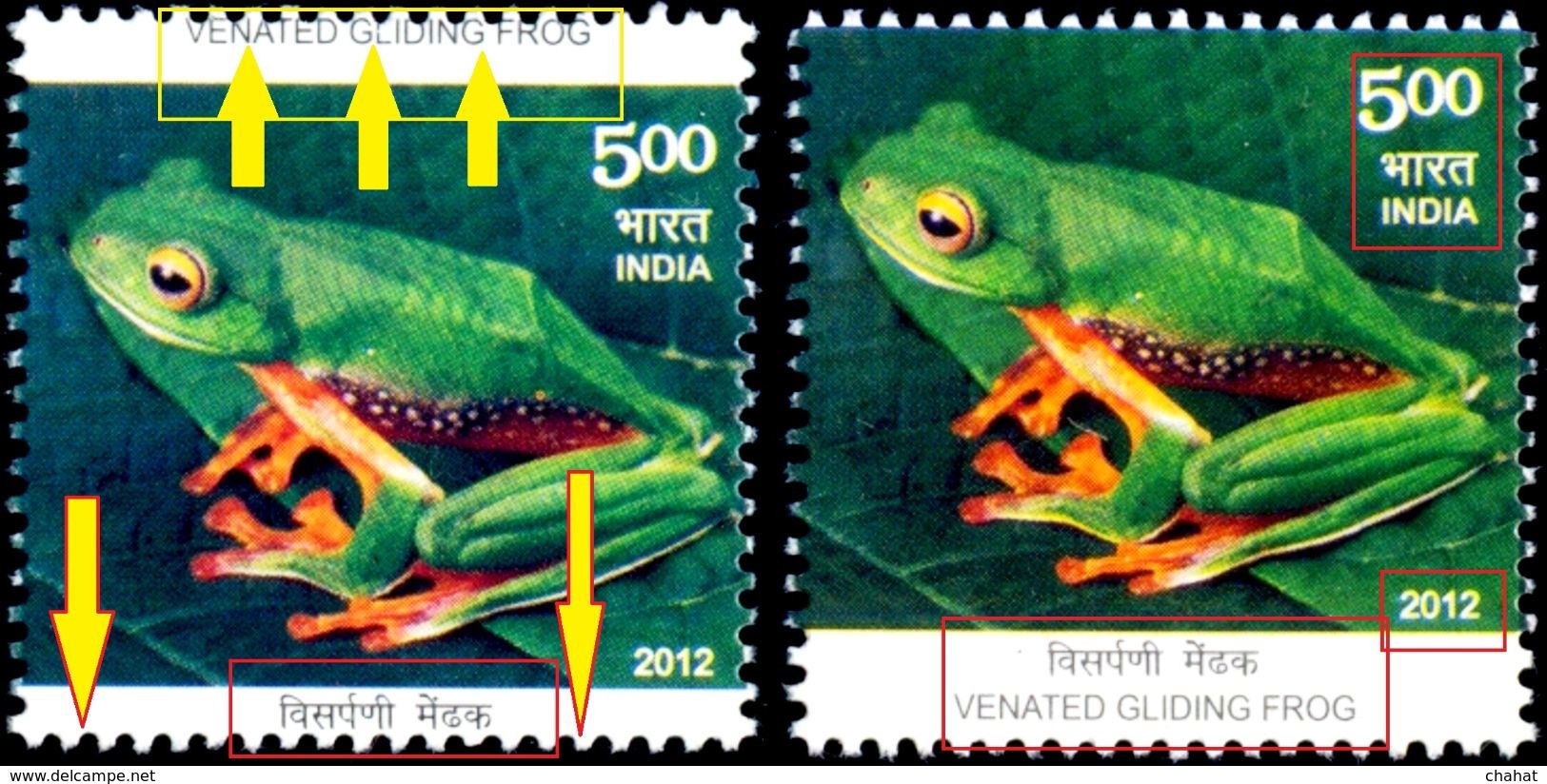 FROGS-MASSIVE ERROR-VENATED GLIDING FROGS-INDIA-2012-MNH-TP-264 - Errors, Freaks & Oddities (EFO)