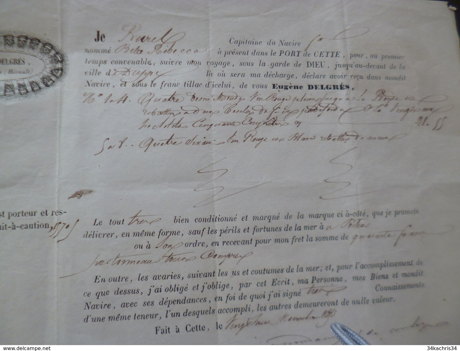 Connaissement Cette Sète à Dieppe 20/11/1876 Vins Capitaine BarelNavire Bette Rébécca Delgrès Saint Georges D'Orques - Transportmiddelen