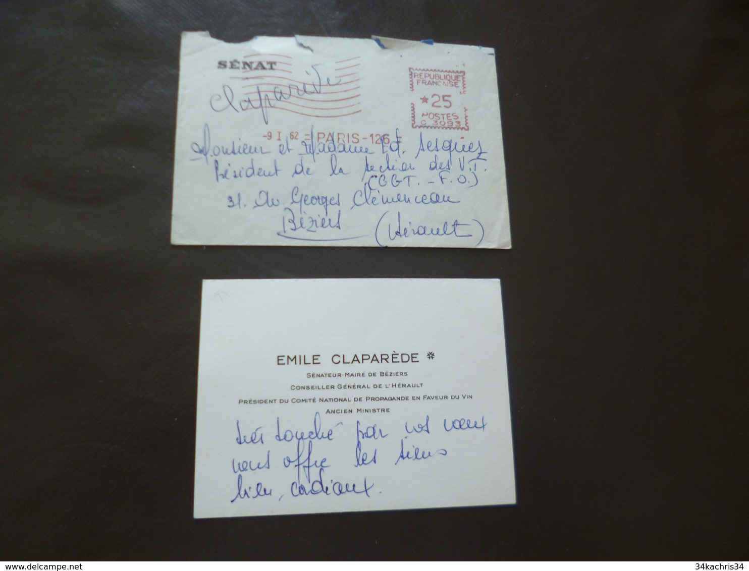 Autographe Sur CDV Emile Claparède Sénateur Béziers + Enveloppe D'envoi - Autres & Non Classés