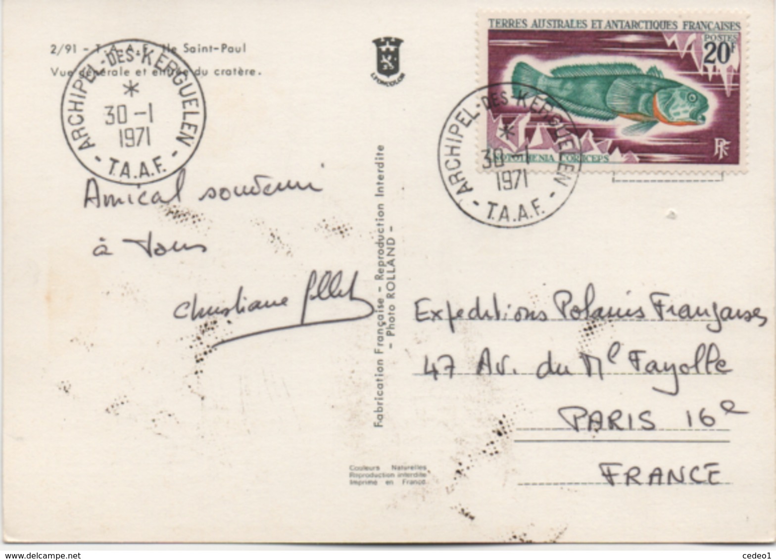 T A A F  ILE SAINT PAUL  VUE GENERALE CACHET 1971  VOIR LES SCANS - TAAF : Terres Australes Antarctiques Françaises