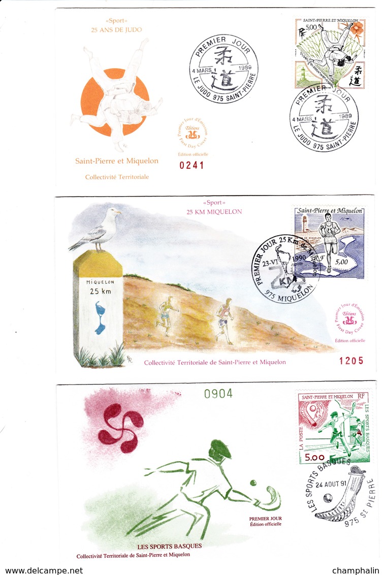 Saint-Pierre Et Miquelon - Lot 8 Enveloppes FDC 1er Jour Sports - CAD 87-93 - Timbres YT 461 477 487 498 522 547 559 574 - FDC