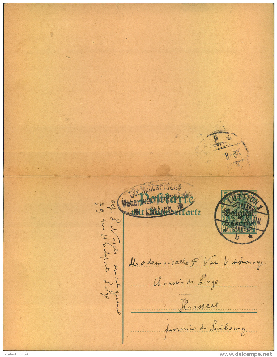 1916, 5 Pfg. Doppelkarte Mit Deutschem Stempel LÜTTICH Und Zensur Innerhalb Belgiens. - Andere & Zonder Classificatie