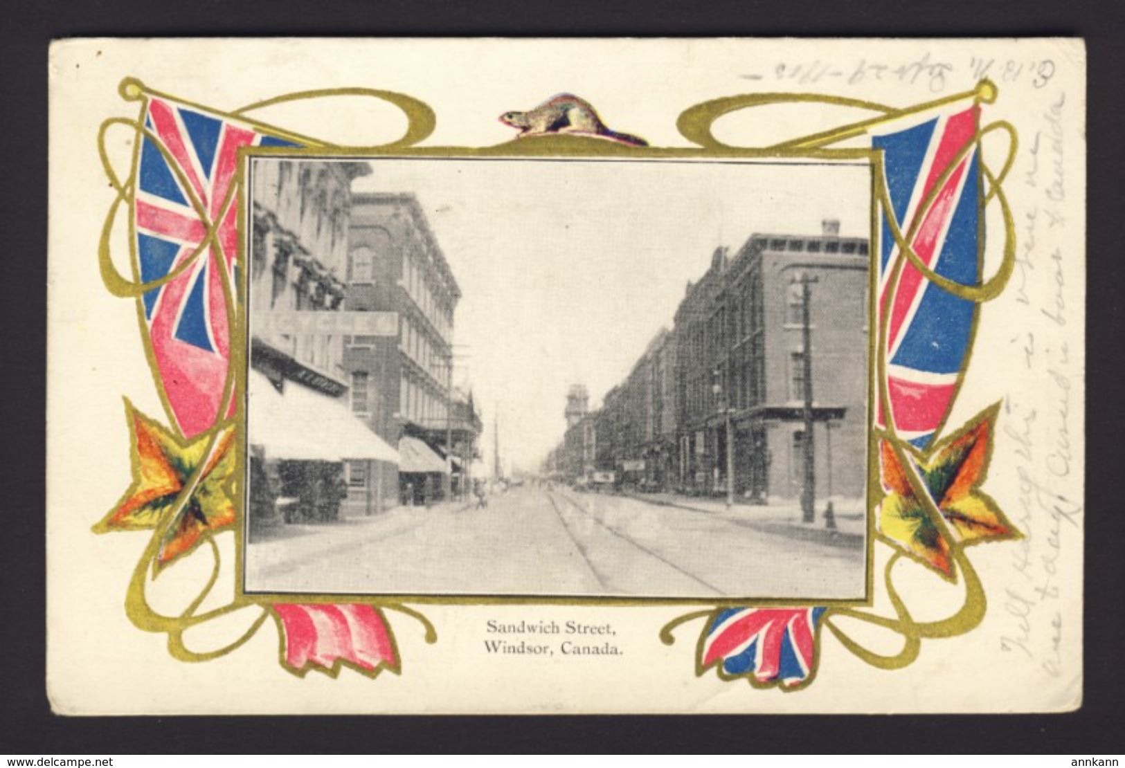 Sandwich Street, Windsor, Ontario 1905 ~ Patriotic ~ Emblem, Flags, Shops Beaver - Windsor