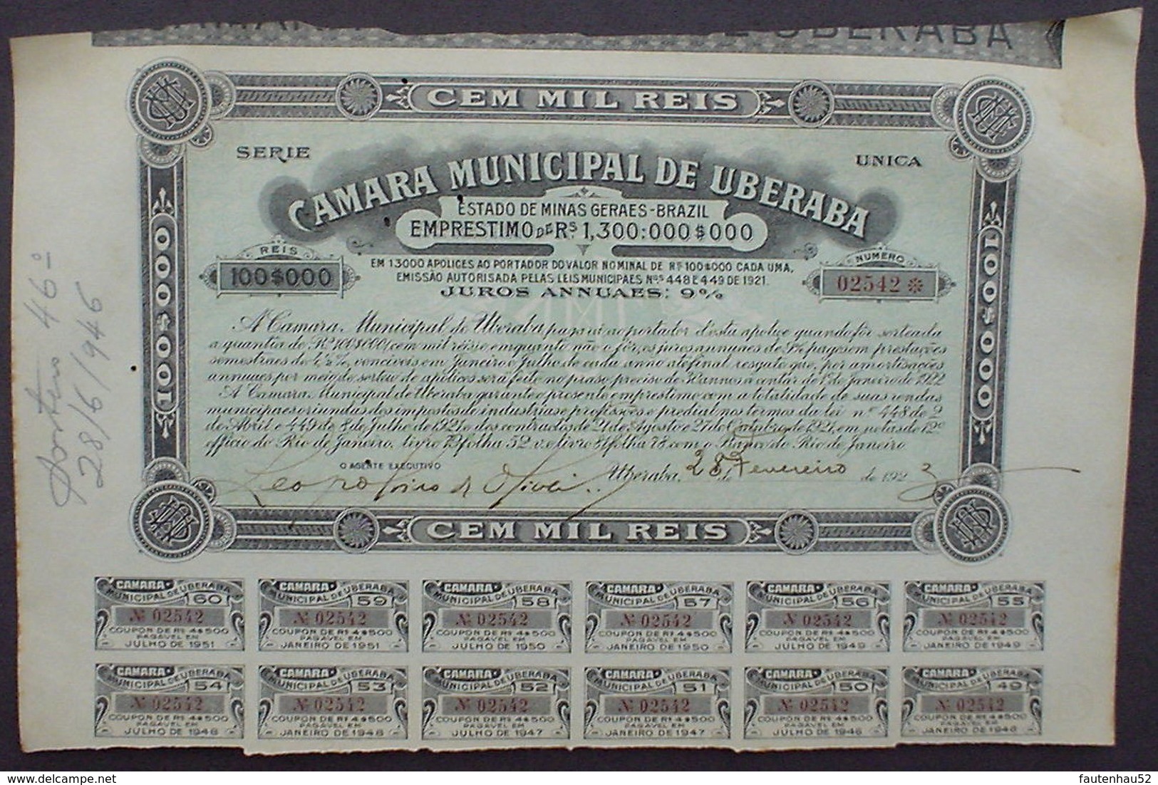 Brazil Camara Municipal De Uberaba Cem Mil Reis 1923 Uncancelled + Coupons - Mines