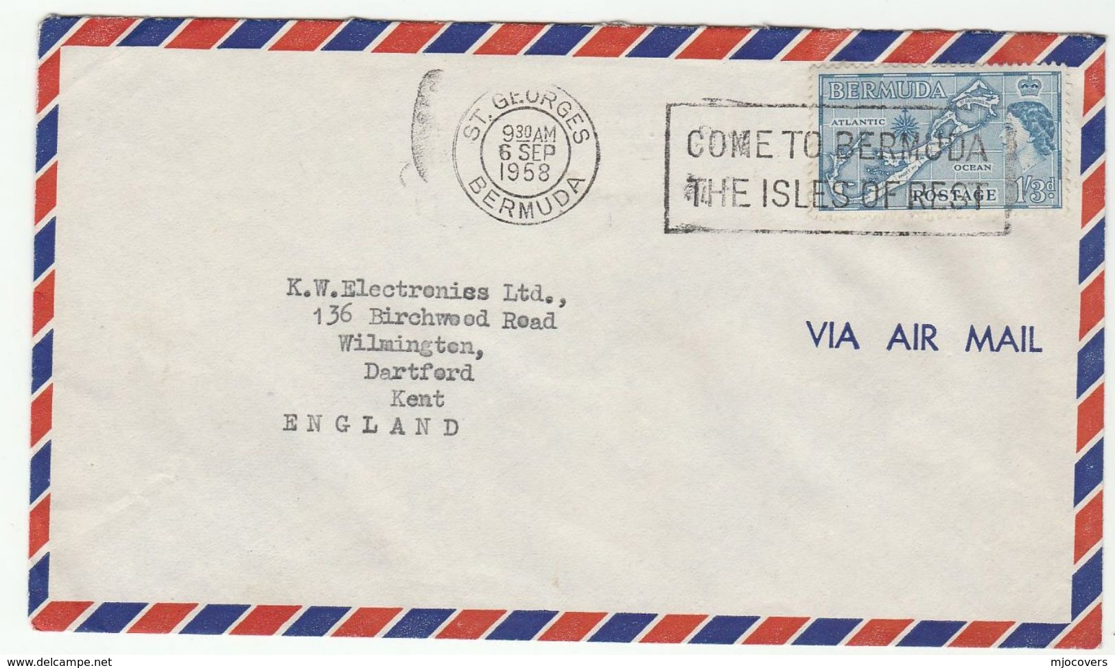 1958 ST GEORGES BERMUDA Air Mail COVER To GB Slogan Pmk COME TO BERMUDA ISLAND OF REST  Map Stamp Saint George - Bermuda