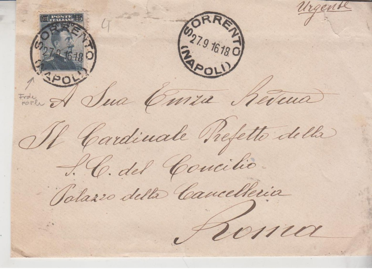 Regno 1916 Busta Sorrento Napoli - Storia Postale