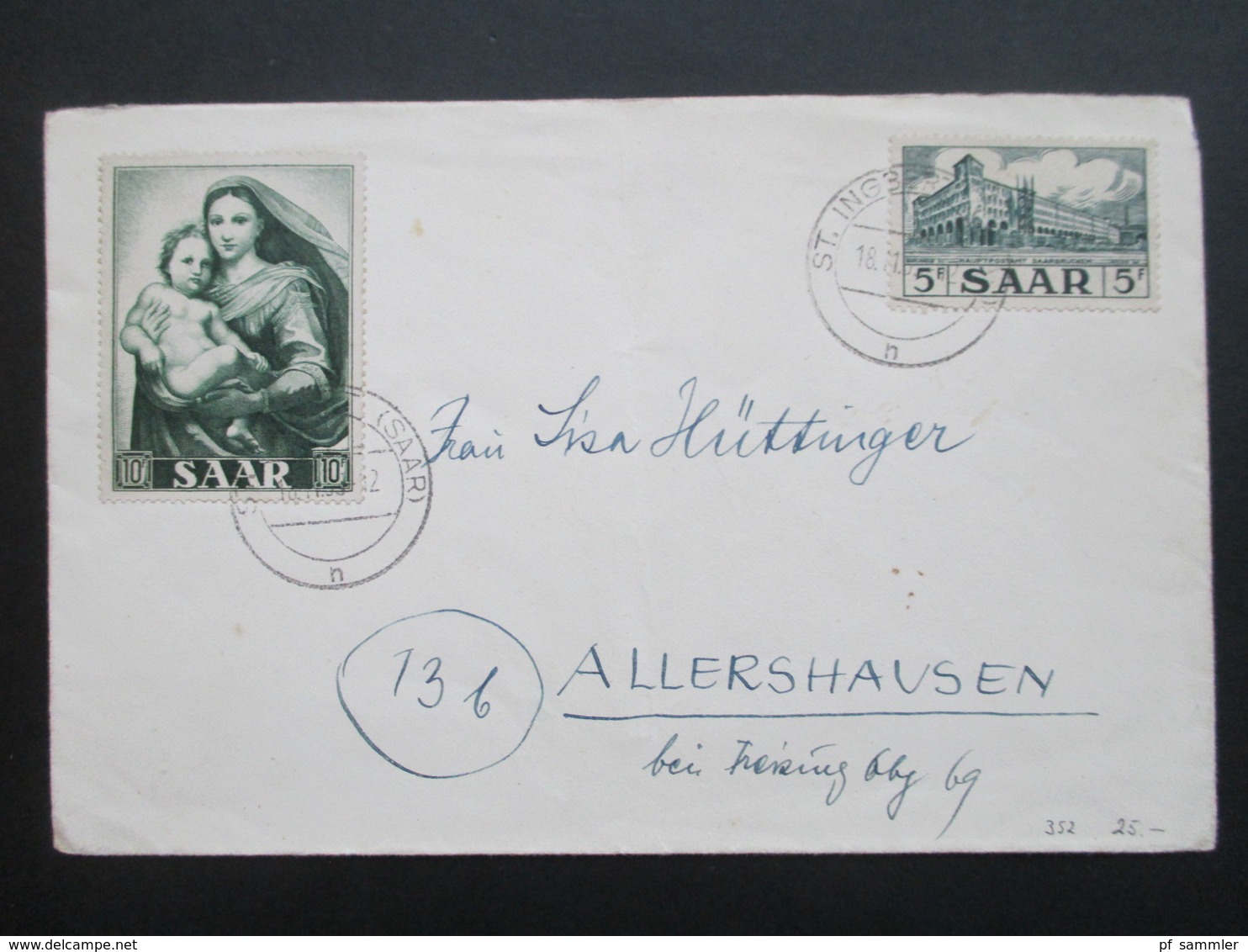 Saarland 1955 Nr. 322 U. 352 Marianisches Jahr MiF St. Ingbert (Saar) Nach Allershausen - Cartas & Documentos