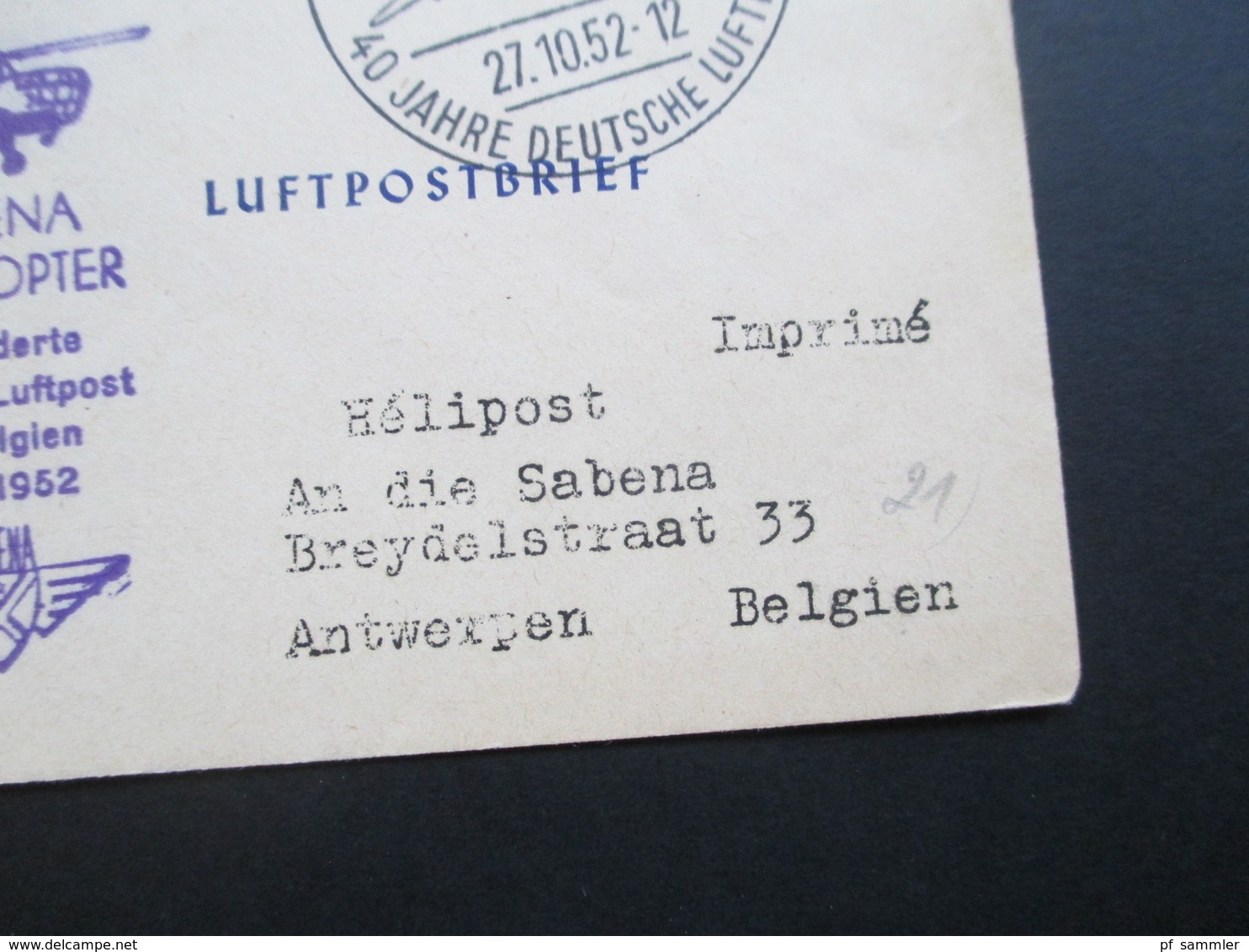 Berlin 1952 Glocken Nr. 82 U. 85 Mit Helicopter In Belgien. Sabena Helicopter IAPC Luftpost. Helikopterpost SST - Hubschrauber